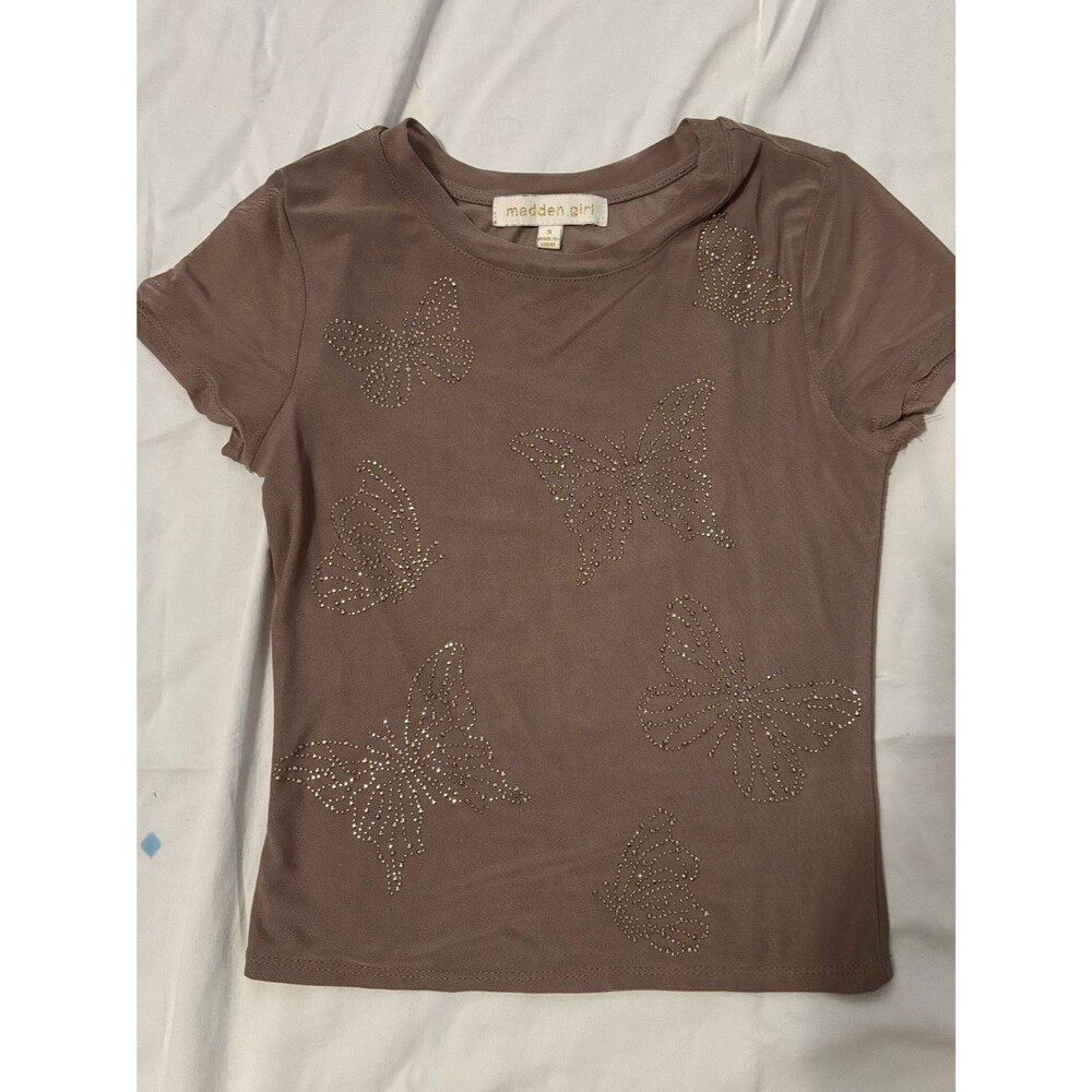 Madden Girl Brown Rhinestone Butterfly Mesh Top Small Y2K Fairy Grunge Sheer Tee
